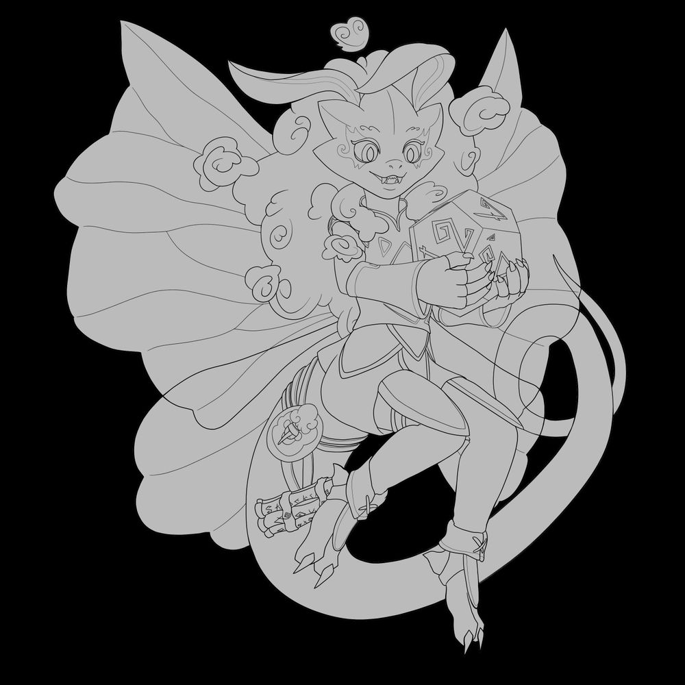 Line art of Floot, a dragon fairy with poofy hair and a long tail. They are smiling and about to throw a 12-sided dice larger than their head.