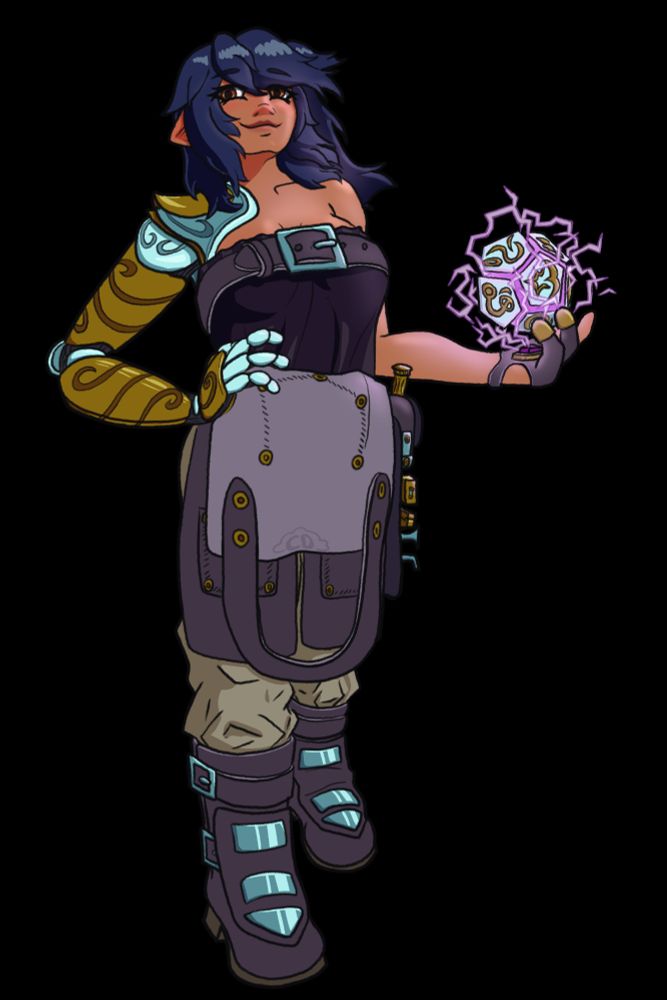 A woman with tan skin, dark blue hair, and pointed ears wearing protective work clothes. Her right arm is replaced with a brass and silver prosthetic, and she holds a dodecahedron shaped device in the left.