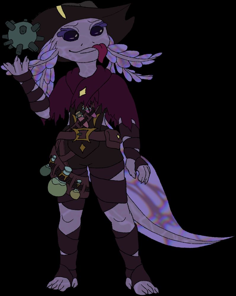 A pinkish purple axolotl character equipped with belts and bandoliers full of vials. 