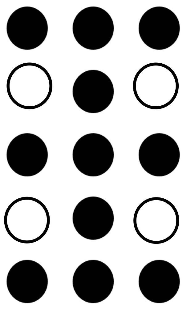 15 dots in a 5 by 3 array. the first and third dots in the 2nd and 4th rows are white and all the other dots are black.