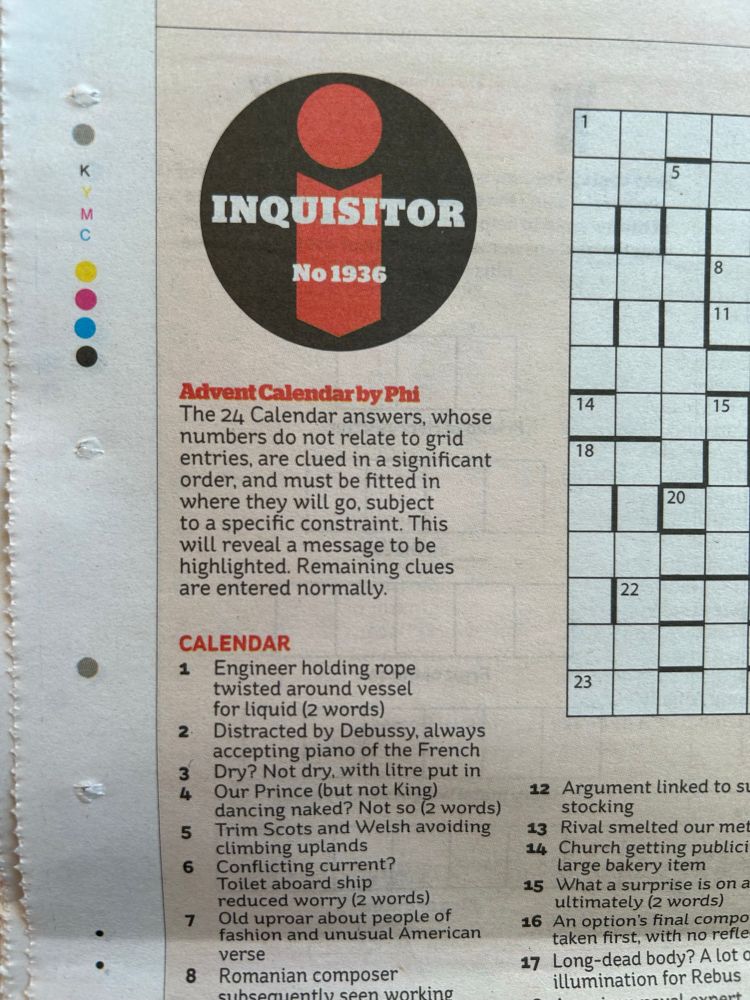 Advent Calendar by Phi
The 24 Calendar answers, whose numbers do not relate to grid entries, are clued in a significant order, and must be fitted in where they will go, subject to a specific constraint. This will reveal a message to be highlighted. Remaining clues are entered normally.