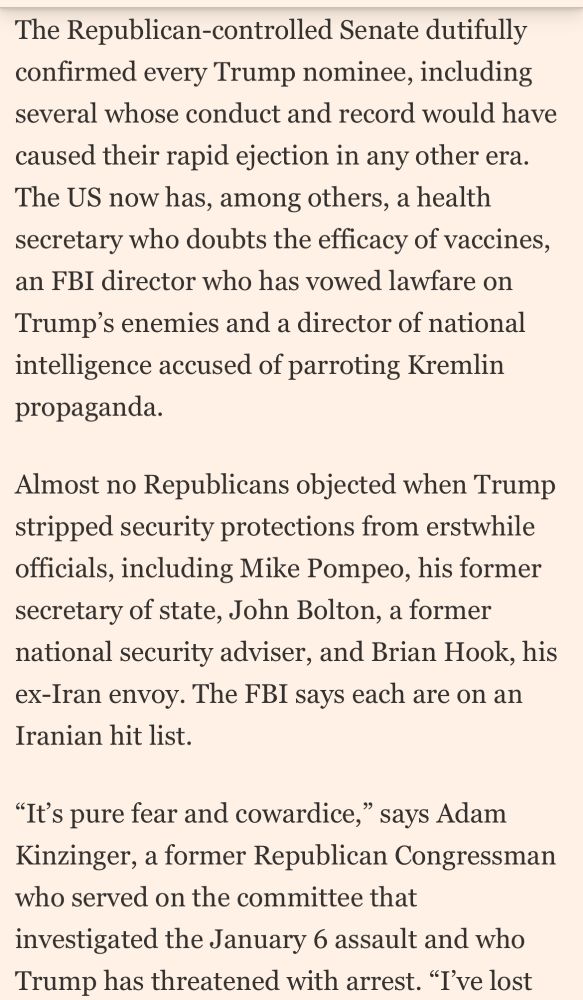 The Republican-controlled Senate dutifully confirmed every Trump nominee, including several whose conduct and record would have caused their rapid ejection in any other era.
The US now has, among others, a health secretary who doubts the efficacy of vaccines, an FBI director who has vowed lawfare on Trump's enemies and a director of national intelligence accused of parroting Kremlin propaganda.
Almost no Republicans objected when Trump stripped security protections from erstwhile officials, including Mike Pompeo, his former secretary of state, John Bolton, a former national security adviser, and Brian Hook, his ex-Iran envoy. The FBI says each are on an Iranian hit list.
"It's pure fear and cowardice," says Adam Kinzinger, a former Republican Congressman who served on the committee that investigated the January 6 assault and who Trump has threatened with arrest. "I've lost
