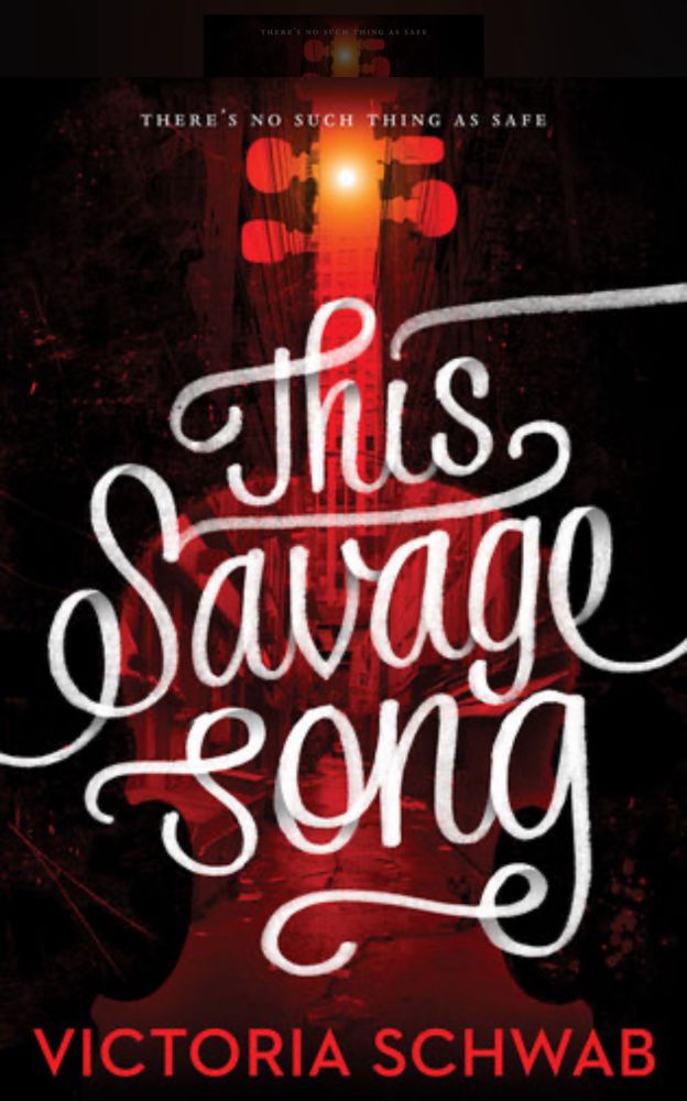 Red-drenched book cover with an inset violin in the middle. 
Book name: This Savage Song
Author: Victoria Schwab