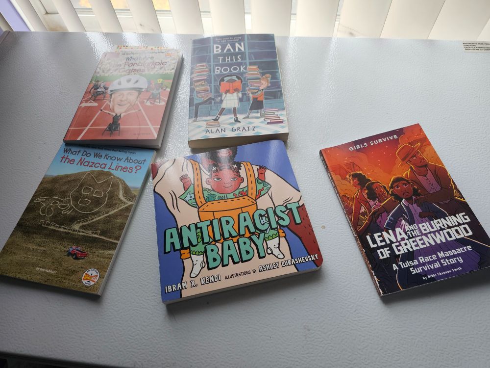 Five children's books on a white background. Titles: What Are the Paralympic Games?, Ban This Book, What Do We Know About the Nazca Lines?, Antiracist Baby, Lena and the Burning of Greenwood.