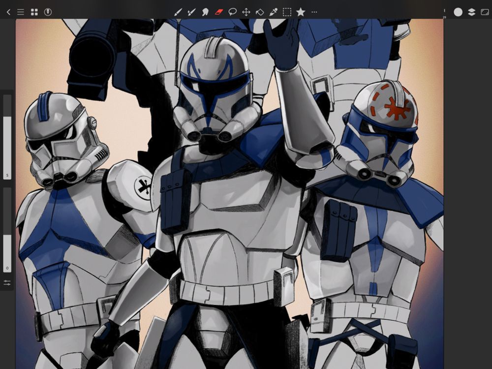 screenshot of digital painting in process showing clones from the 501st legion in #clonewars including captain rex, kix, and jesse