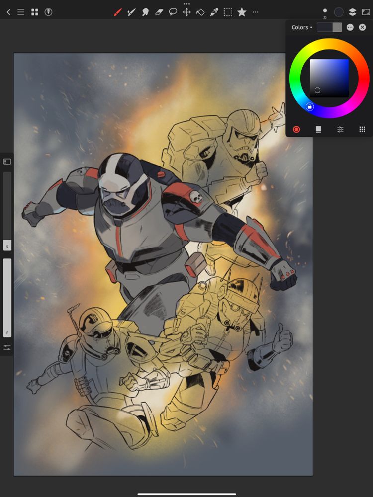 screenshot of a digital painting: first colours (and background) of the bad batch from star wars