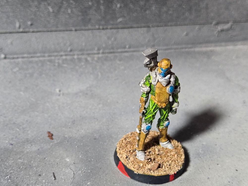 A Hassassin Fiday standing upright with arms at his sides, head and shoulders turned slightly to the right. There is a knife sheathed on his right boot and the but of a rifle can be seen over his right shoulder. His armor is brown and white over a green undersuite. His face plate is blue.