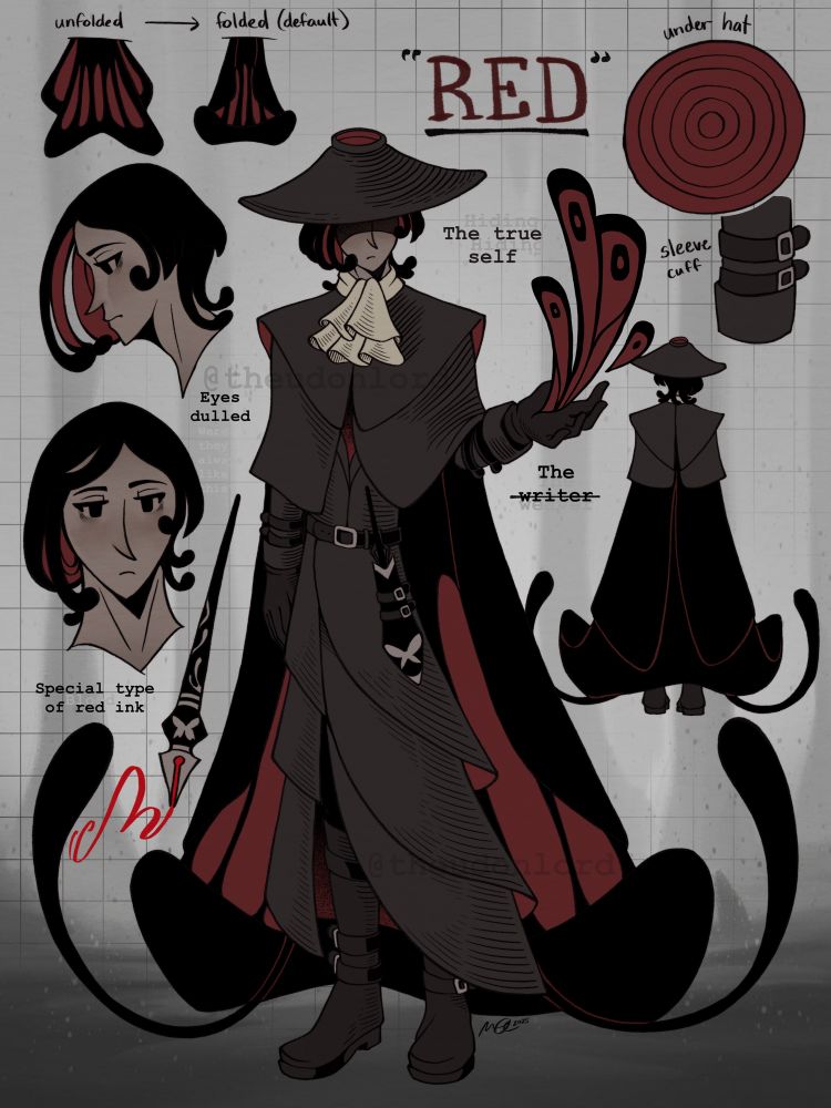 Reference sheet of my oc Red. They are a human wearing a conical kasa, a long black coat, and a red butterfly wing cape. Their eyes are dulled black, giving them a resting emotionless expression. Additionally, they have a signature dip pen that uses a special red ink.