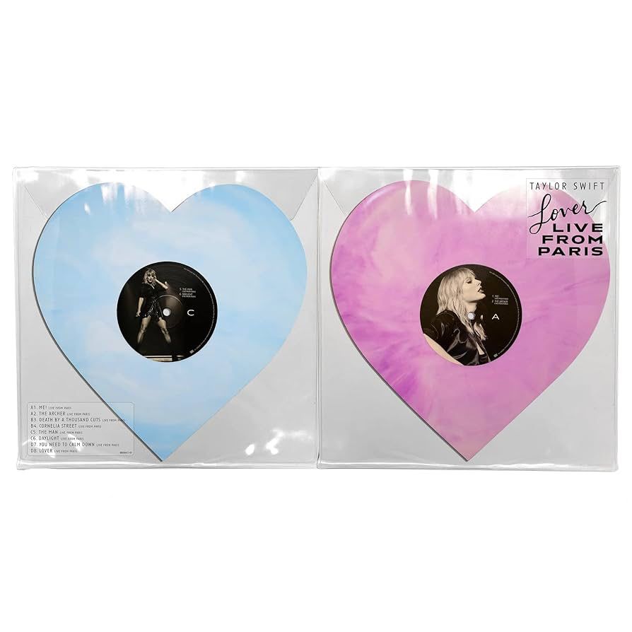 orginal pressing of lover live in paris. the heart shaped vinyls are sky blue & starburst pink