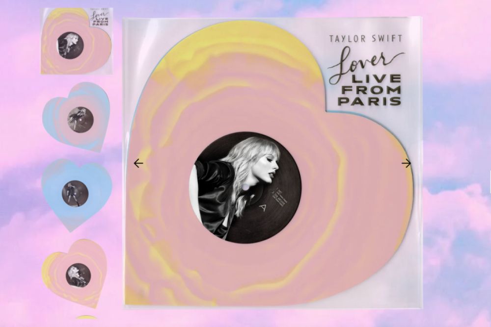 repress of lover live in paris. the colors are pink & yellow for one heart vinyl, and blue and pink for the other. the colors are muddy.