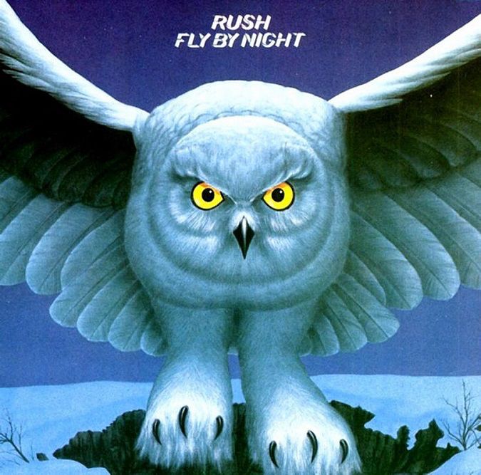 The cover of Rush’s 1975 album FLY BY NIGHT, featuring an owl in flying pursuit. 