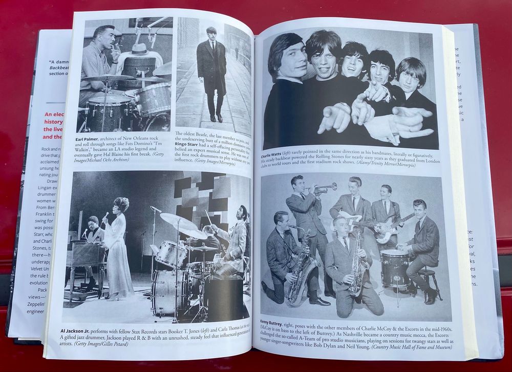 A two-page spread of photos featuring the Rollibg Stones, Earl Palmer, and more. 