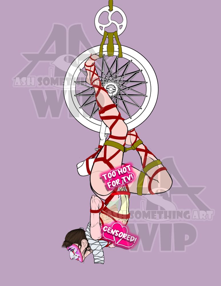 As-yet untitled Work In Progress sketch of a gender-euphoria artwork for @UnicycleGirlNyx on Discord. This revised sketch shows Nyx in rope bondage. She is suspended upside down, with her unicycle. The layers for her clown outfit have been temporarily removed to more easily address the anatomy. This sketch phase is more refined, and shows a nearly finished linework of the unicycle, more refined rigging for the rope, and much more dynamic and accurate anatomy. For ease, Ash has color coded the muscle groups on Nyx, and repositioned her so that there is dynamic depth to the figure instead of being viewed completely from the side. This further work in progress shows the face completely redone, along with added clown makeup, the linework muc more refined, and color beginning to be added. This version finally has most of the rope sketched out to begin planning for the detailing step which has a lot of intricate rope work involved. This as well as the resulting artwork are ©️ Ash Something 2025. Ash something is Anti-A.I. and does not utilize it in their work.