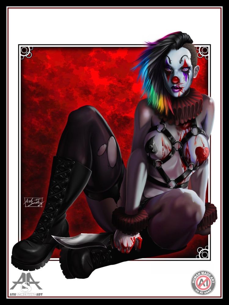 Ash’s Art entitled Sanguine Sonata featuring Ash’s clown girl OC named Sanguine wearing a leather body harness, some blood, and tattered fishnets and boots. This is the censored version of the work. This Art is copyright Ash Something Art 2023