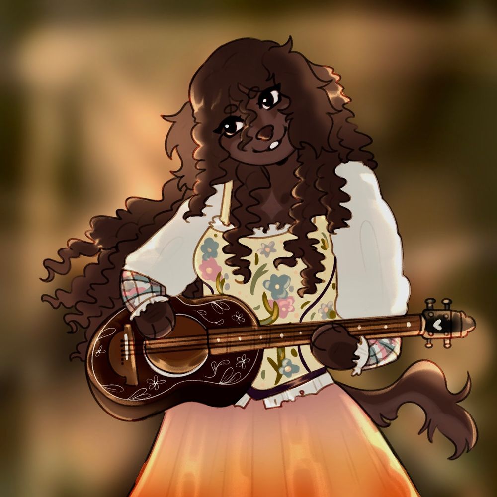 digital complex drawing of a scene inspired by the hunger games the ballads of songbirds and snakes. featuring a dog with long curly hair wearing Lucy grays outfit holding a guitar with her head tilted to the side. drawingdigitally on procreatbeith a sketchy pencil brush