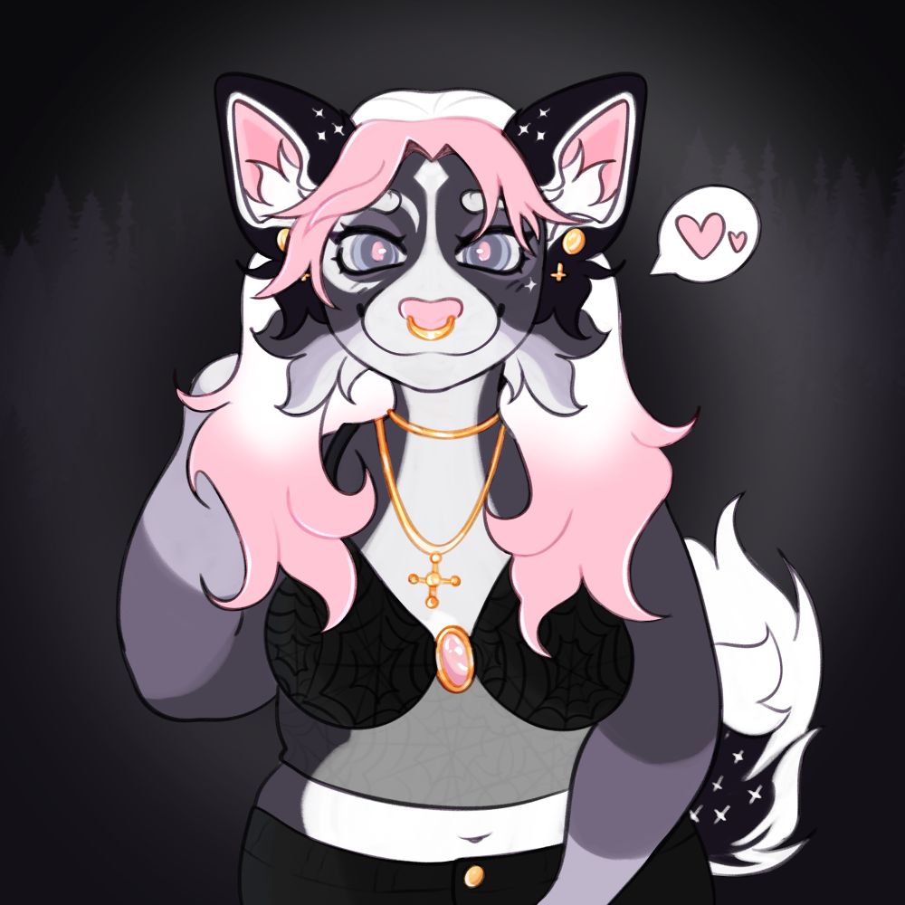 Digital drawing with clean lineart of a blue and pink canine oc. She is wearing a dark outfit and in front of dark trees 