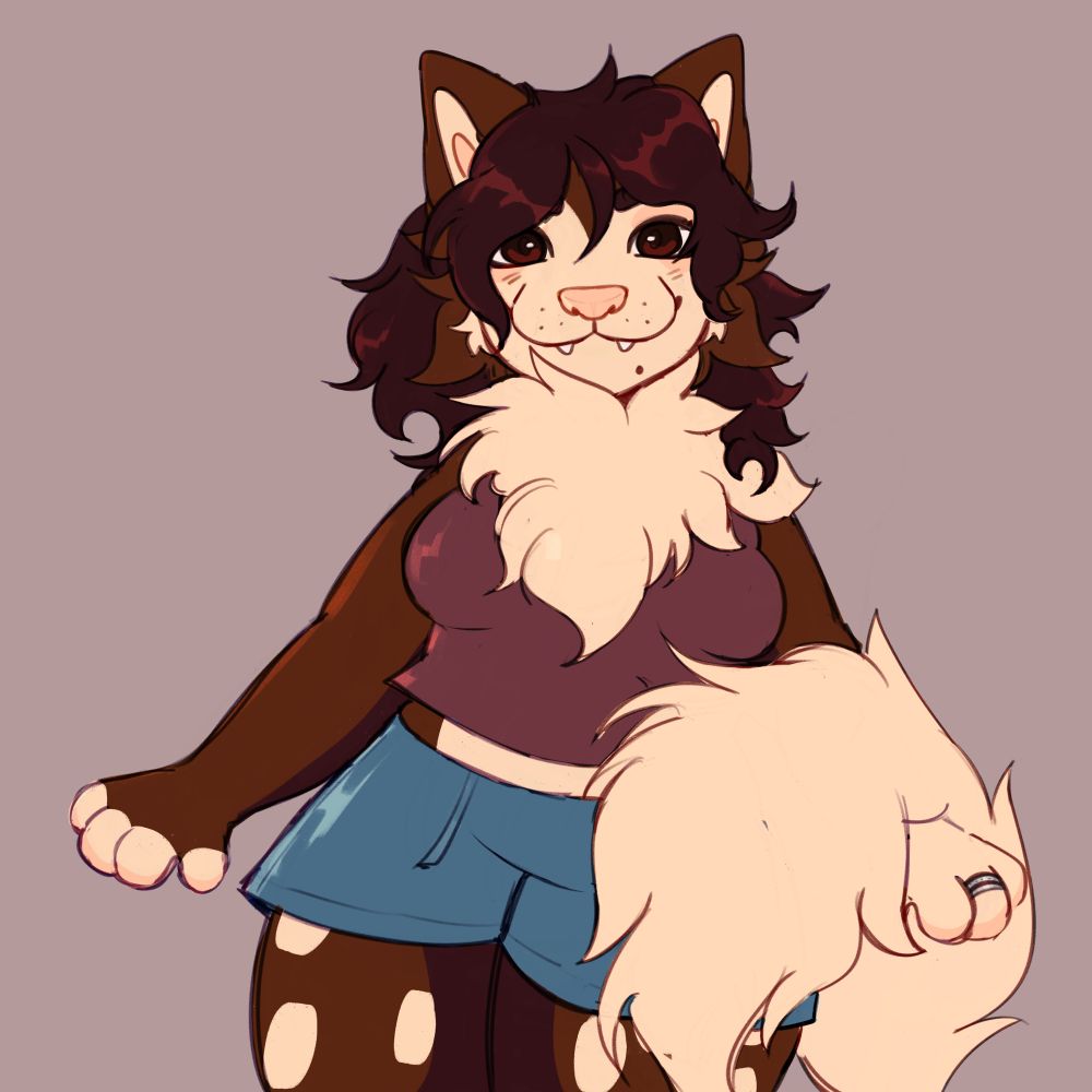 Half body digital drawing in a sketchy style of a Pomeranian character wearing a purple tank top and blue shorts