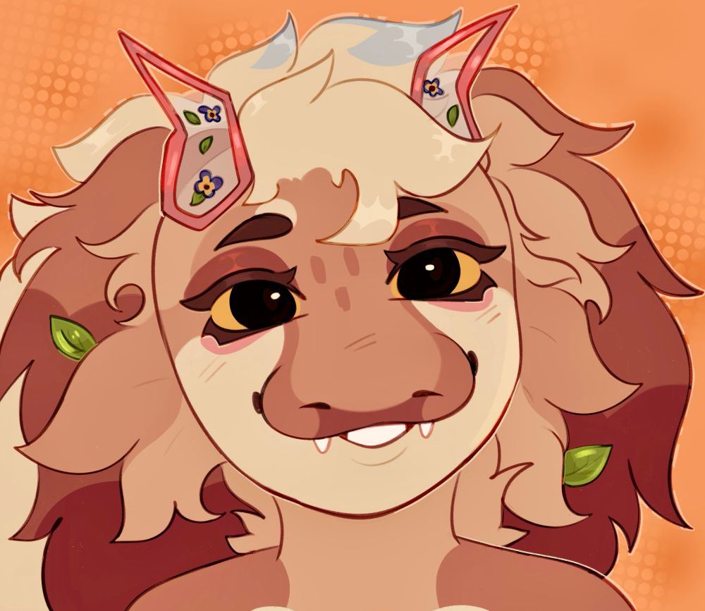 Digital drawing featuring an icon of an orange and brown fluffy dragon with a platinum blond hair style. The dragon has crystal pink horns filled with water and flowers and leaves sticking out of her fur. 