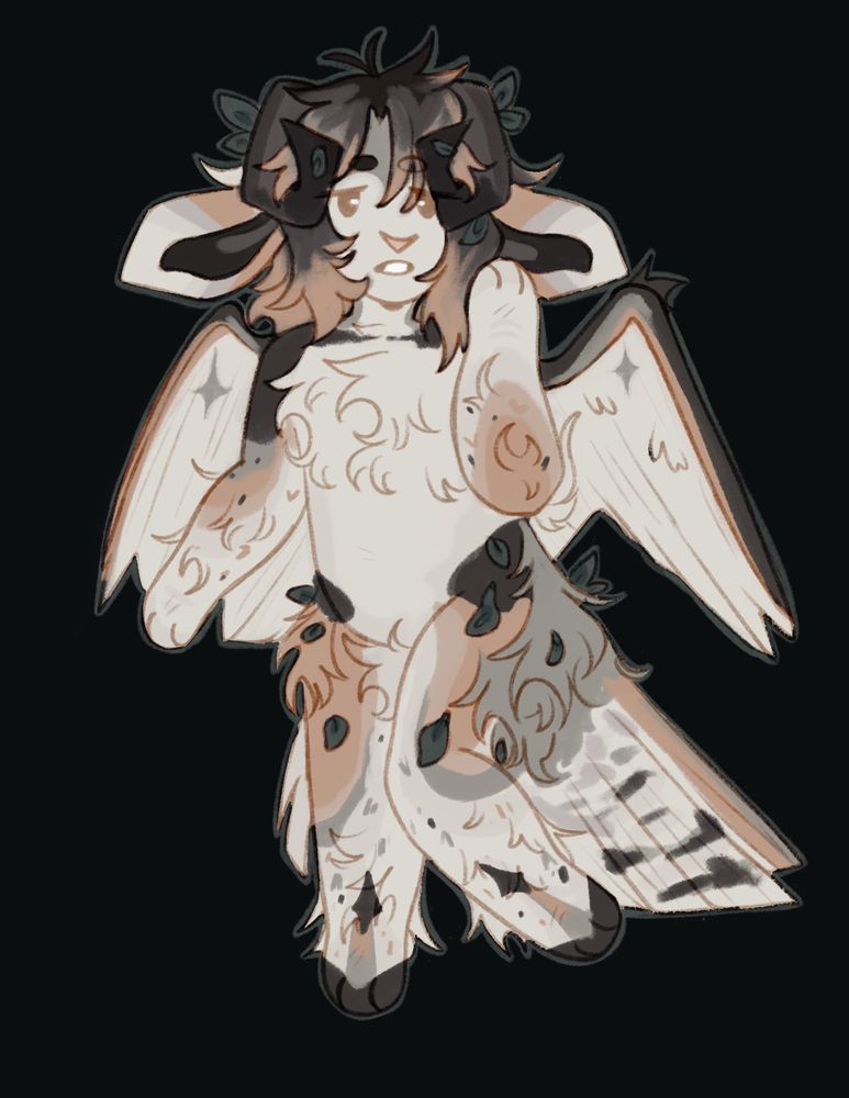 Crayon drawn chibi of a griffin like pigeon character that is in muted grays browns and blacks