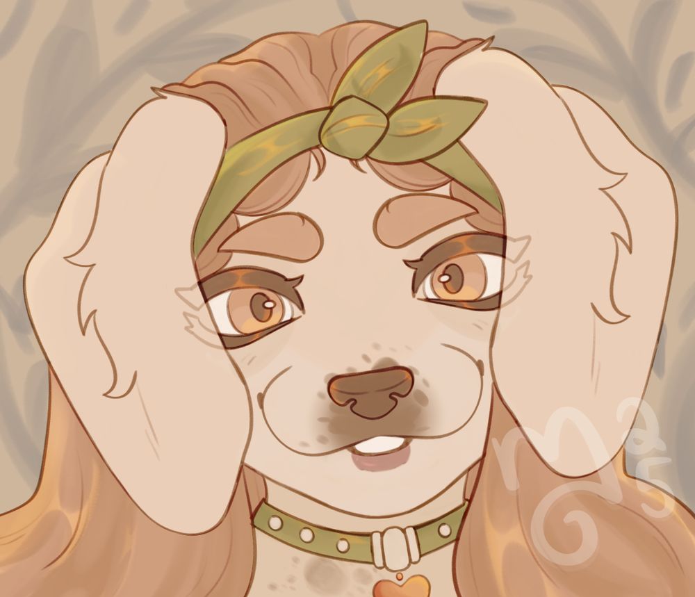 Digital drawing of a anthropomorphic, canine dog, facing the camera with a big smile and pretty eyes. This is a digital drawing symmetrically done with a pencil brush  The character is wearing a green collar with white accents and a gold heart  She is also wearing a matching hairpiece bandanna. The character is a tan domestic dog with large fluffy ears, a large nose and tan and light brown markings.
