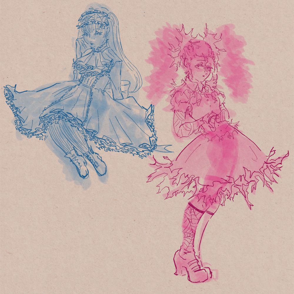 Sketches of Mary and Makayla from the manga Godchild in vaguely egl outfits 