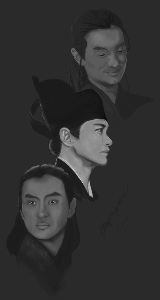 Three face studies of Zhou Yiwei as Xiao Qi from Monarch Industry and Gu Zhen from Riverside Code at Qingming Festival, done in Autodesk Sketchbook. 