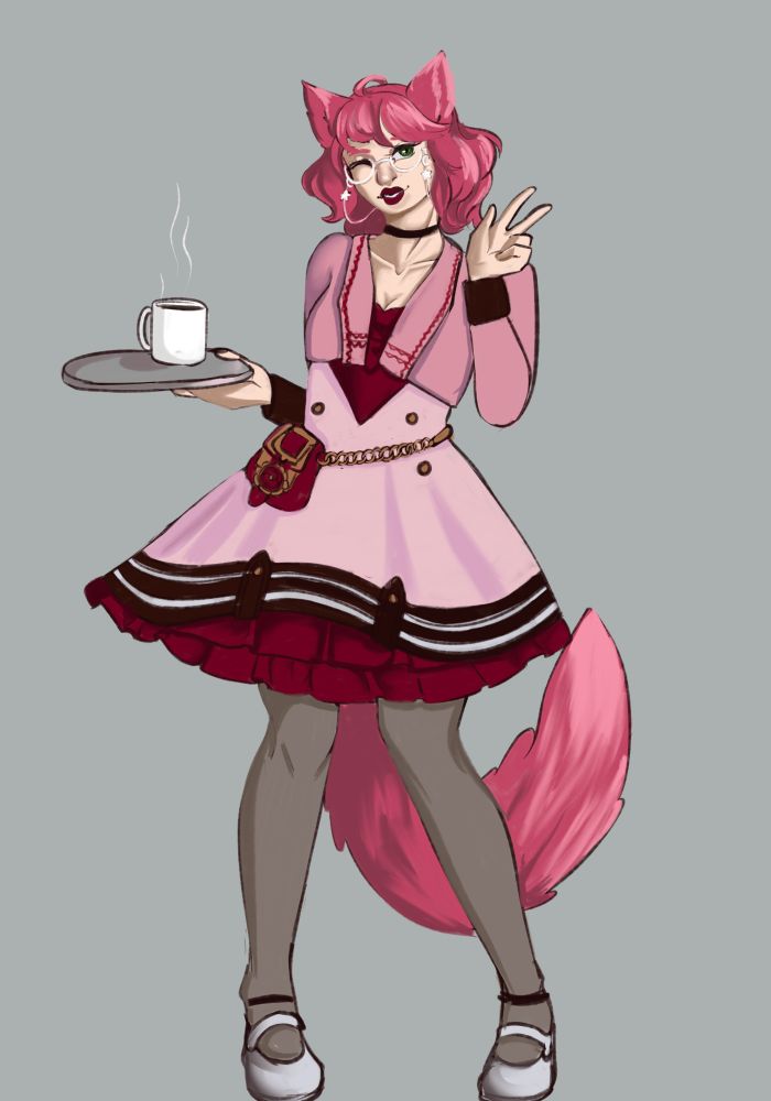 Valcie, a miqo’te girl with pink head wearing a pink and red dress, is holding a tray with a cup of coffee and posing cutely.