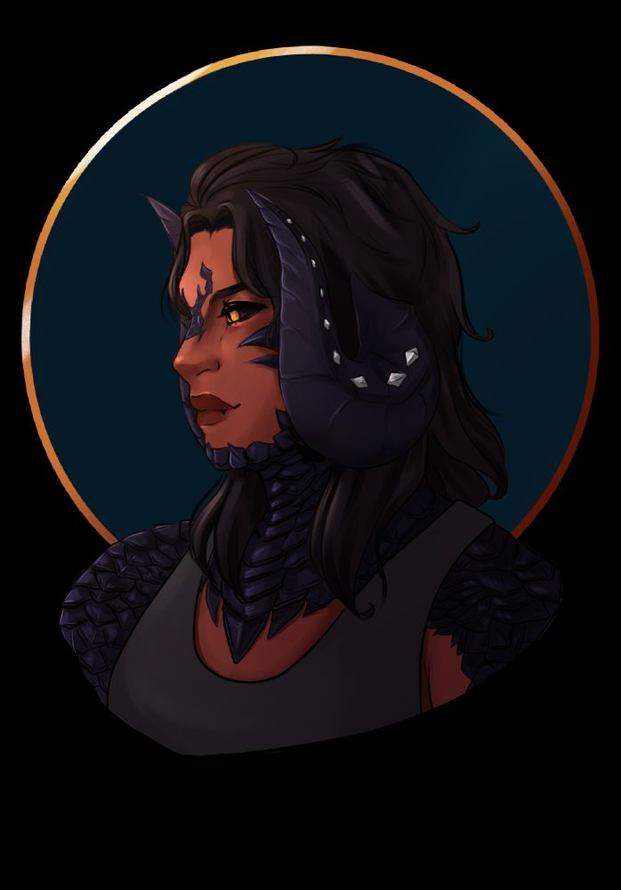 A drawn portrait of an Au Ra man with large horns and dark scales. Behind him is a teal circle with a gold ring. 