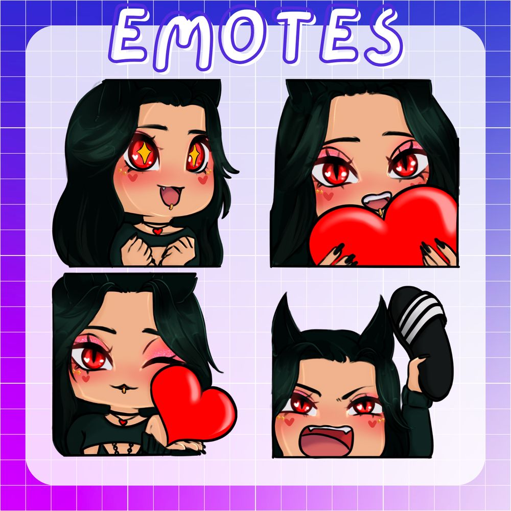A set of 4 emotes for Eden, a mi'qote. Expressions are "Wow!", holding a heart, blowing a kiss, and throwing a chancla.