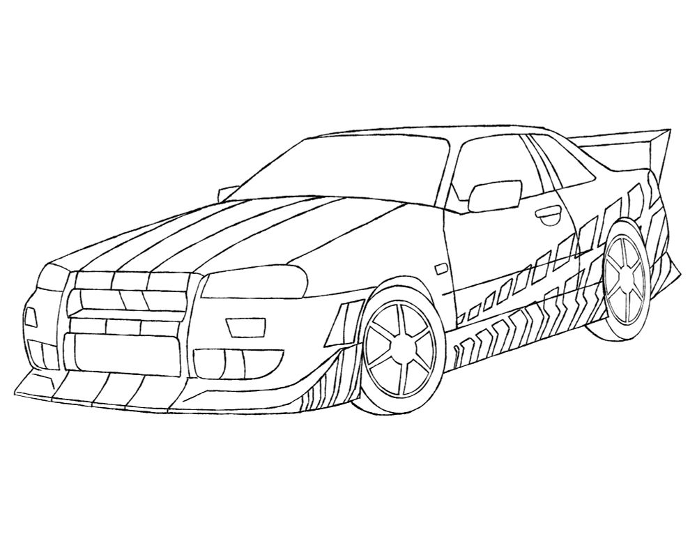 a line drawing of the r32 skyline, specifically the one featured in the "fast & furious" franchise