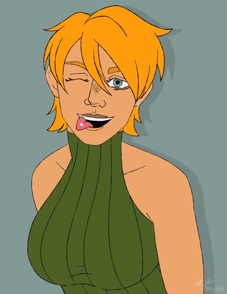 a tan-skinned white woman from the waist up. she is leaning forward and winking, with her tongue sticking out of her mouth. she has short orange-blonde hair, silver piercings in her ears, and a silver piercing in her tongue. she is busty and dons an olive green sleeveless tank top. her eyes are a bluish-green.