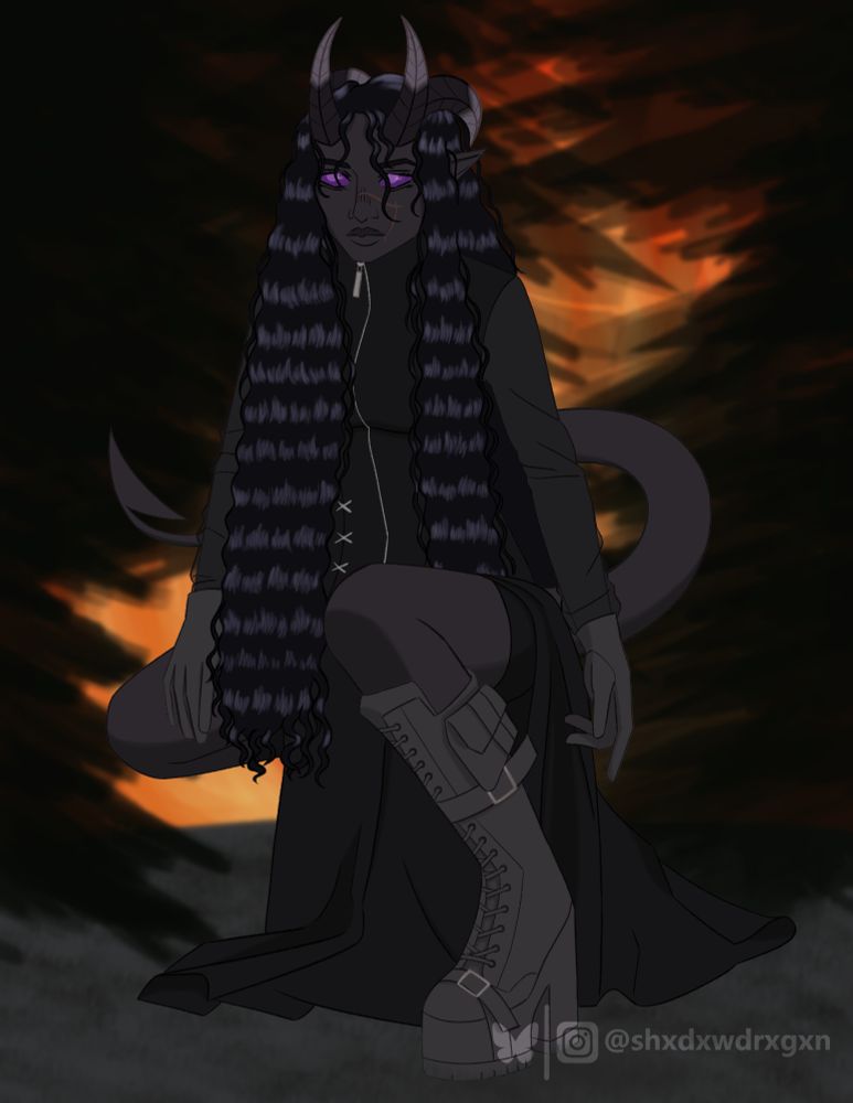 a tiefling who is crouching. she has long black curly hair and dark purple-gray skin. her eyes are amethyst, and she has a bored expression. she is wearing black clothing and boots. behind her is a forest fire.