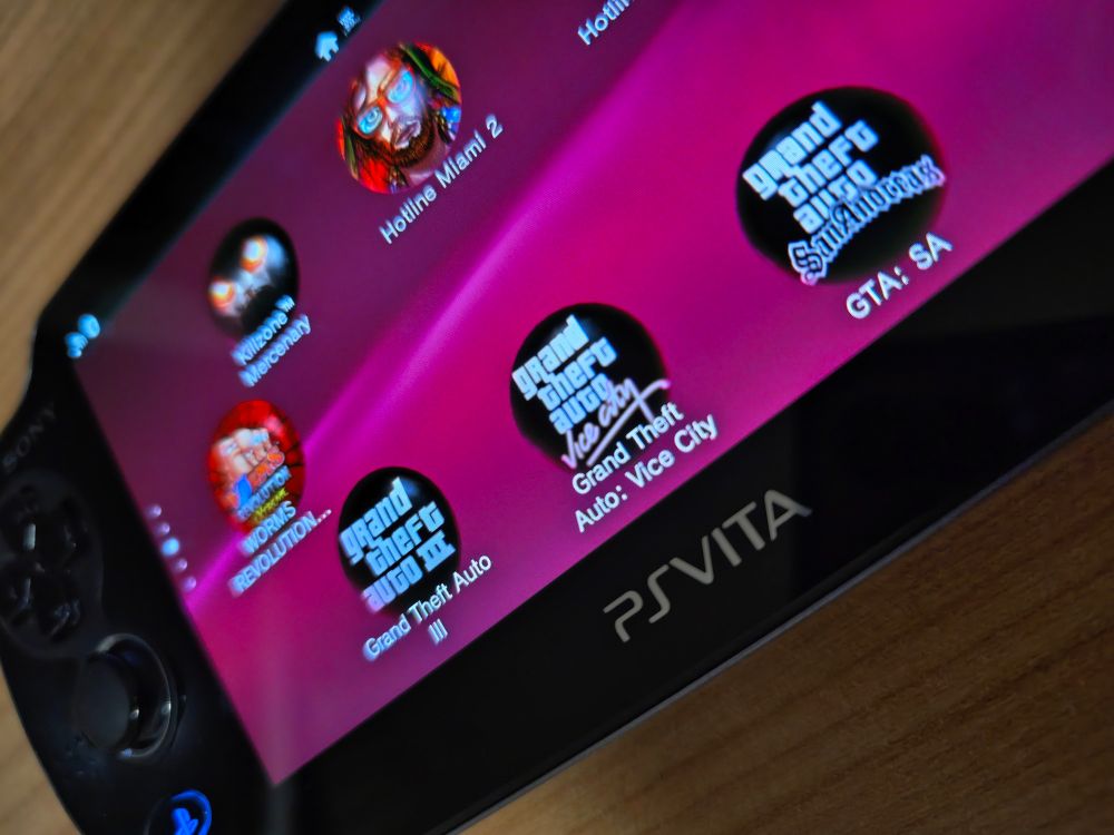 A PlayStation Vita with GTA 3, Vice City, and San Andreas installed 