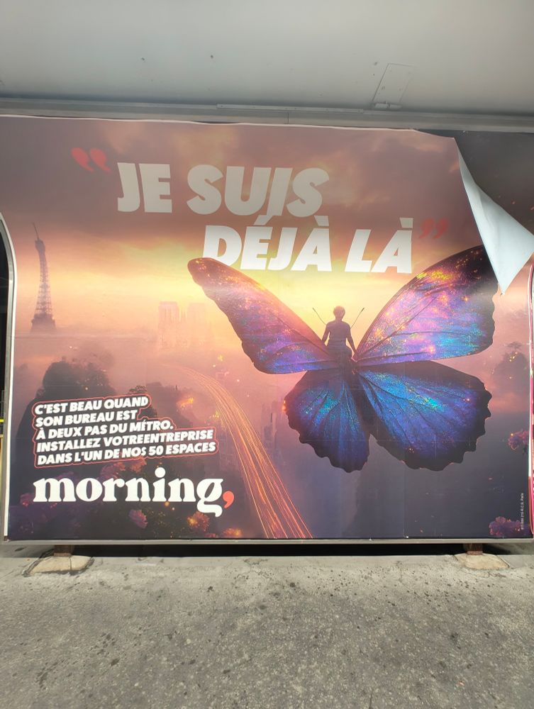 Ai generated Metro ad showing a person riding a giant butterfly flying towards a foggy landscape of Paris 