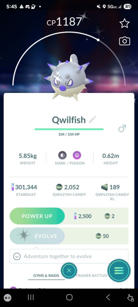 Screenshot of shiny Hisuian Qwilfish from the game Pokemon Go.