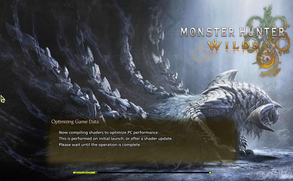 a white dragon with the text 'monster hunter wilds' with a logo made of snakes making circles and a box with text stating 'optimizing game data'