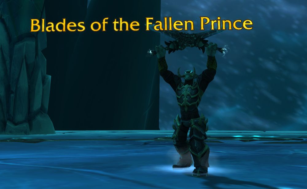 a troll holding a pair of swords of and text that reads blades of the fallen prince