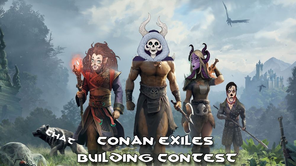 four figures in armor in a jungle with the text 'conan exiles building contest' featuring amunedal, willow the werewolf, motelyfae, and grimmfxc