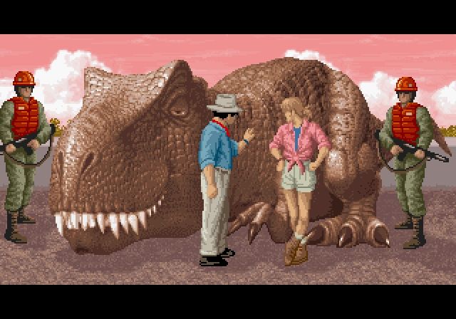 The ending screen of the original jurassic park arcade game. It shows four people next two a drugged t rex. Ellie satler and Dr Grant are next to two generic guards in red and green outfits