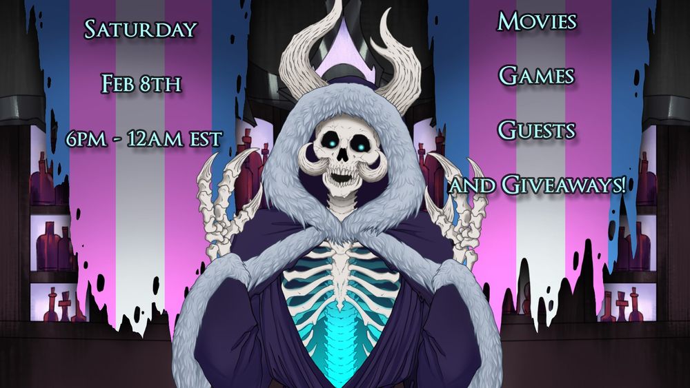 a schedule with amy the lich stating saturday feb 8th from 6pm to 12am there is a charity stream raising for Trans lifeline, the stream will have movies, games, guests, and a giveaway!