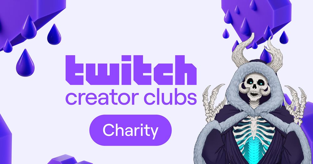 hearts and text reading twitch creator clubs charity with a lich in purple robes