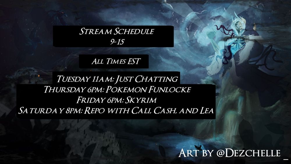 stream schedule over a pretty background image of a lich over a lake