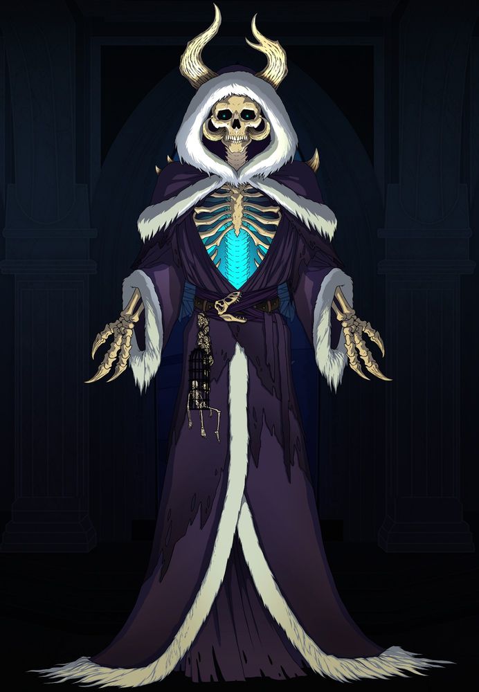 Amunedal is a Lich, a magical undead without skin. He has two large ones, one shattered on the left, the other greater on the right. 

He wears a tattered purple robe lined with Unicorn fur. 

His skull is human save for the sharpened teeth and two large tusks which flank his cheeks. 

His bare ribs rest exposed, a light blue glow comes from within.

Amunedal wears a belt with the skull of a Tyrannosaur at it's center for his is ancient and brought death to countless creatures in his 'youth'.

The Lich is titanic in size, well over 60 feet in height, his adornments are the skulls of lesser heroes and would-be slayers, a full cage dangles from his belt holding a skeletal corpse of a foe so thoroughly destroyed their name was lost to time.

Upon each of Amunedal's hands rests three talons, ending in a sharp point.