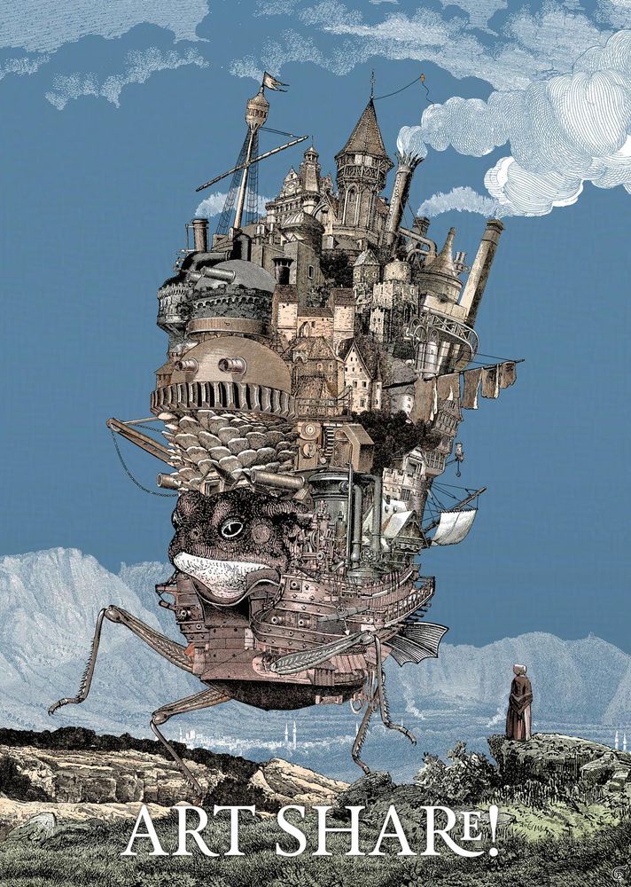 This is a version of Miyazaki's Howl's Moving Castle created as a steampunk collage in the style of Celsius Pictor, where a character watches as a gigantic mobile with insect legs and a frog face, carries an immense city created with all kinds of houses and architectures.