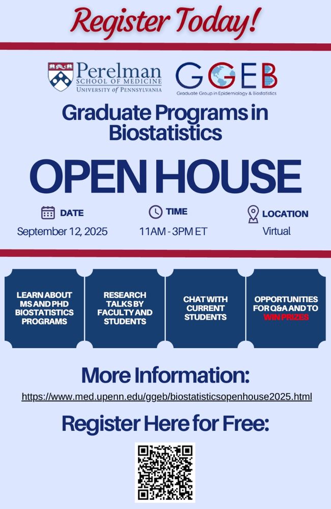 Flyer from the University of Pennsylvania Perelman School of Medicine Graduate Group in Epidemiology and Biostatistics advertising a Virtual Open House on Graduate Programs in Biostatistics. Date: September 12, 2025, Time: 11am-3pm ET. Learn about MD and PhD Biostatistics programs, hear research talks by faculty and students, chat with current students, ask questions, and win prizes! Find more information at https://www.med.upenn.edu/ggeb/biostatisticsopenhouse2025.html and register for free.