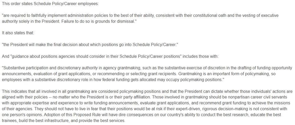 Several paragraphs of text quoting from the Office of Personnel Management's Proposed Rule on Improving Performance, Accountability, and Responsiveness in the Civil Service and expressing criticisms specifically about the dangers of considering all involved with grantmaking as policymakers beholden to the President.
