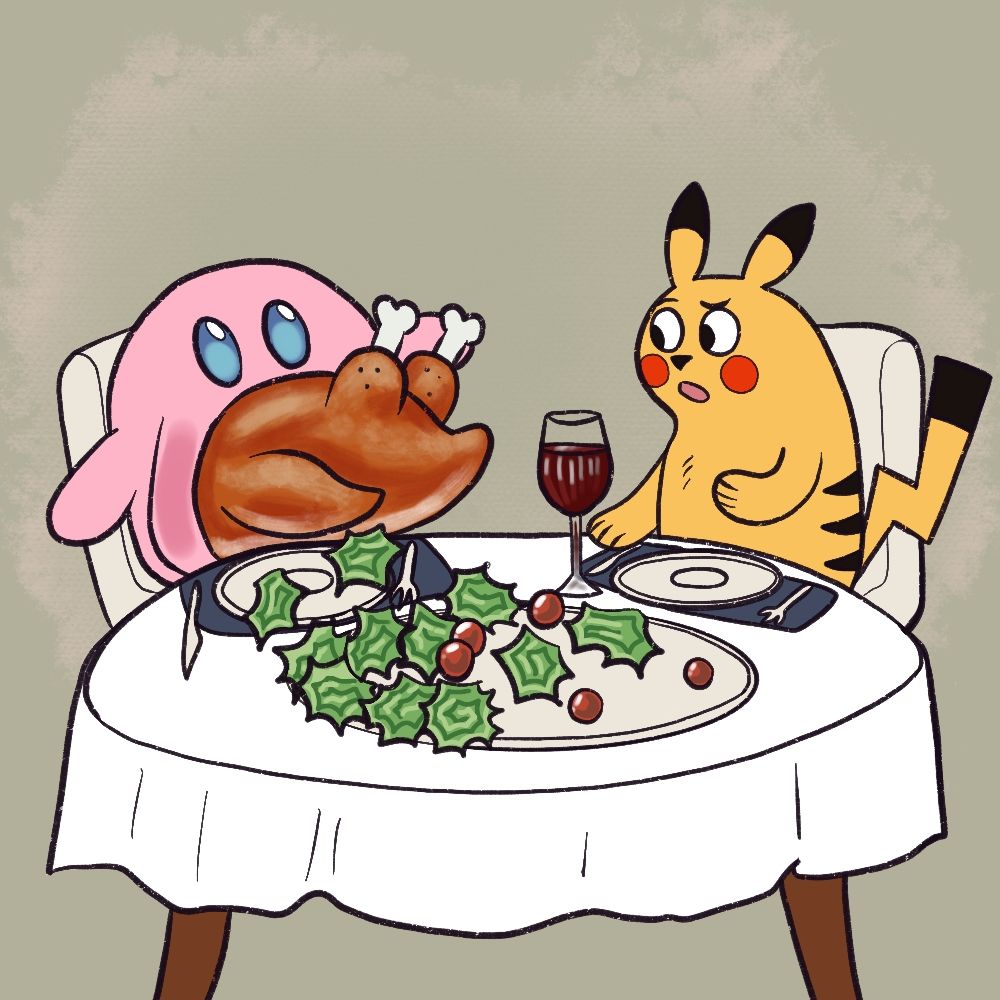 Kirby and Pikachu are sitting behind a white restaurant table with their own plates, knives and forks, with Pikachu having his own glass of wine. He sits with a shocked face as he watches Kirby trying to swallow a big turkey from big plate, making a huge mess of salad leaves and tomatoes on bigger plate.