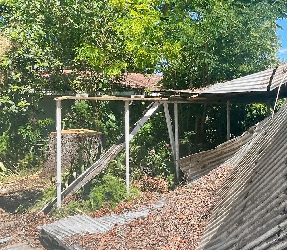 A smashed carport next to a giant oak stump