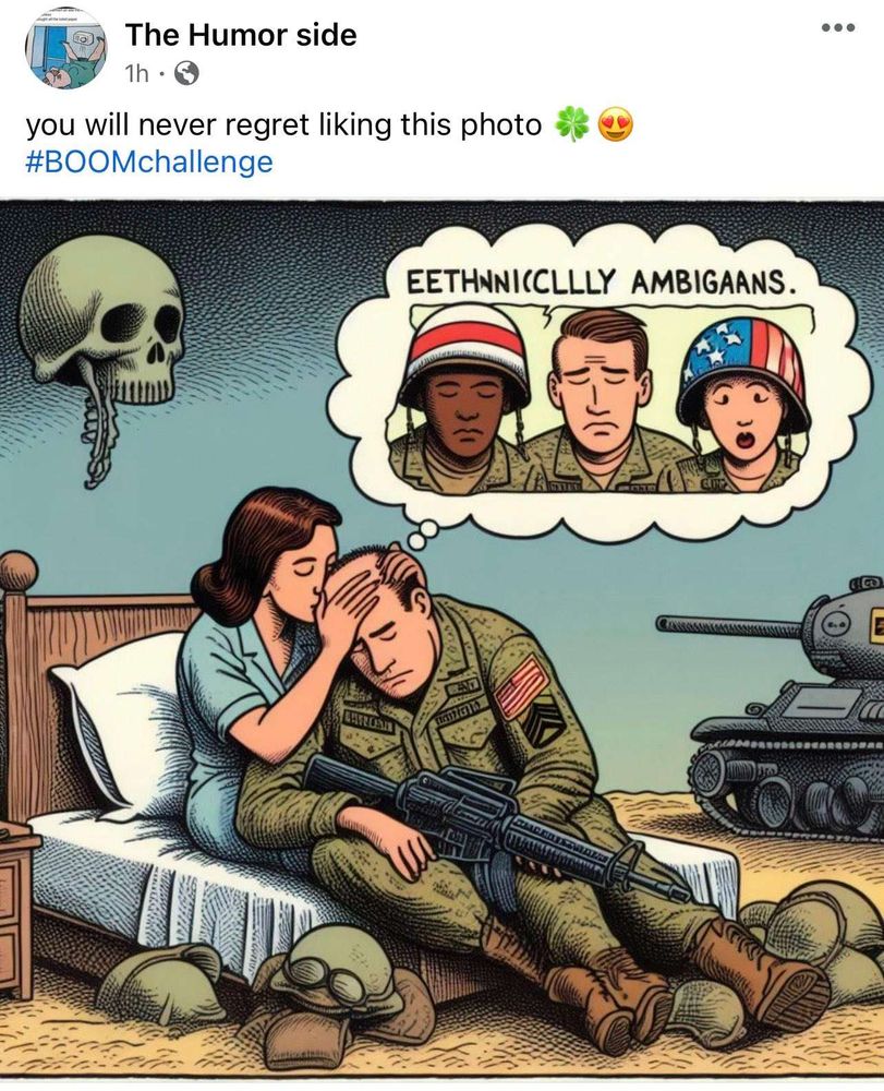 in this one there is a tank and a woman comforting a bald soldier who is thiniking EETHNICALLY AMBIGANS and there is a skull on the wall