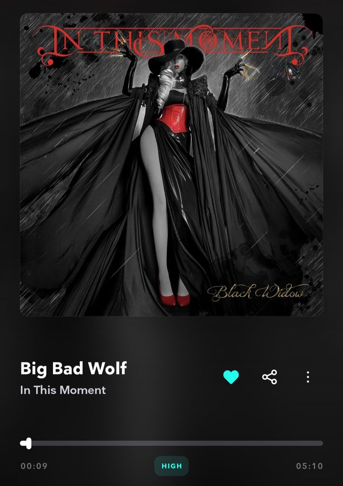 Screengrab of Tidal showing album artwork for "Black Widow" by In This Moment. Song title is "Big Bad Wolf"